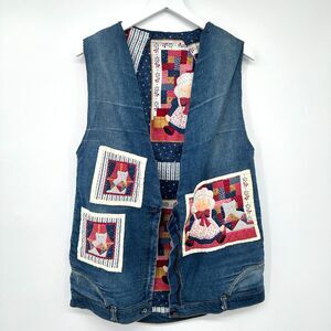 Vintage Upcycled Denim Quilted‎ Vest Top Womens Size Small Lined Granny